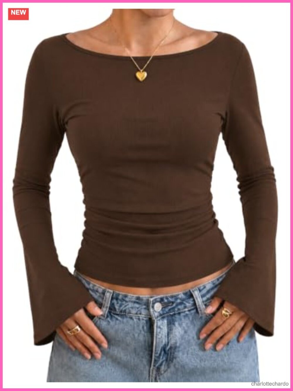 Boat Neck Bell Sleeve Ribbed Knit Top Slim Fit Ruched Waist Y2K Going Out Blouse